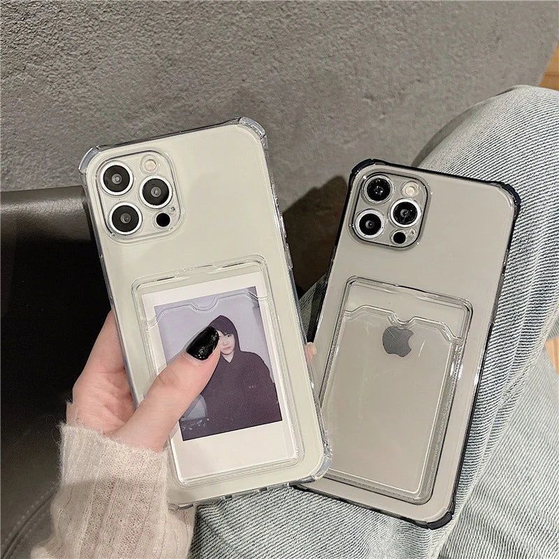 Estuche transparente con soporte para bolsa con ranura para tarjeta para iPhone