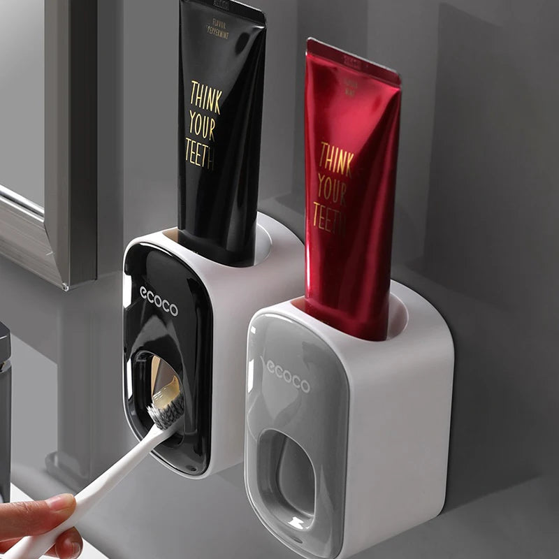 ECOCO Automatischer Zahnpastaspender, Wandmontage, Badezimmer-Zubehör, wasserdichter Zahnpasta-Quetscher, Zahnbürstenhalter