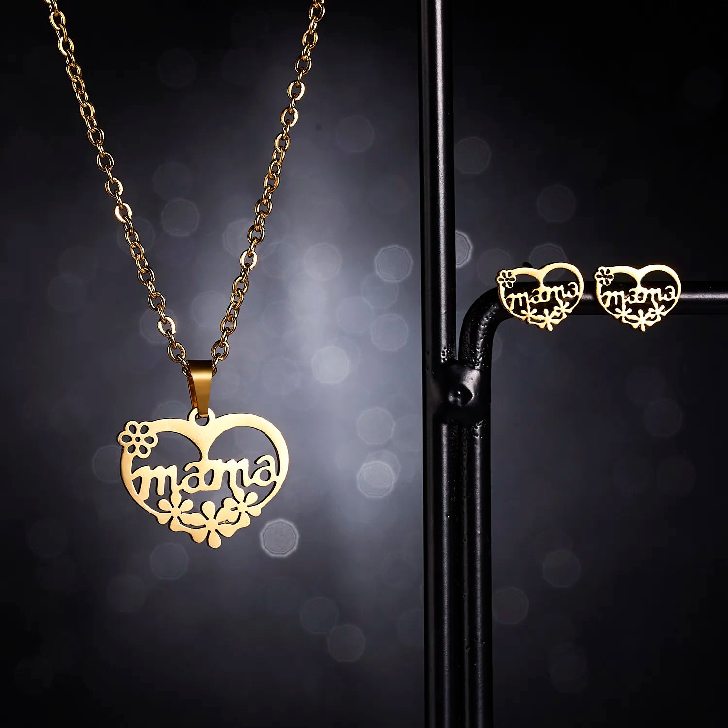 Stainless Steel Mama Love Heart Rose Flower Pendant