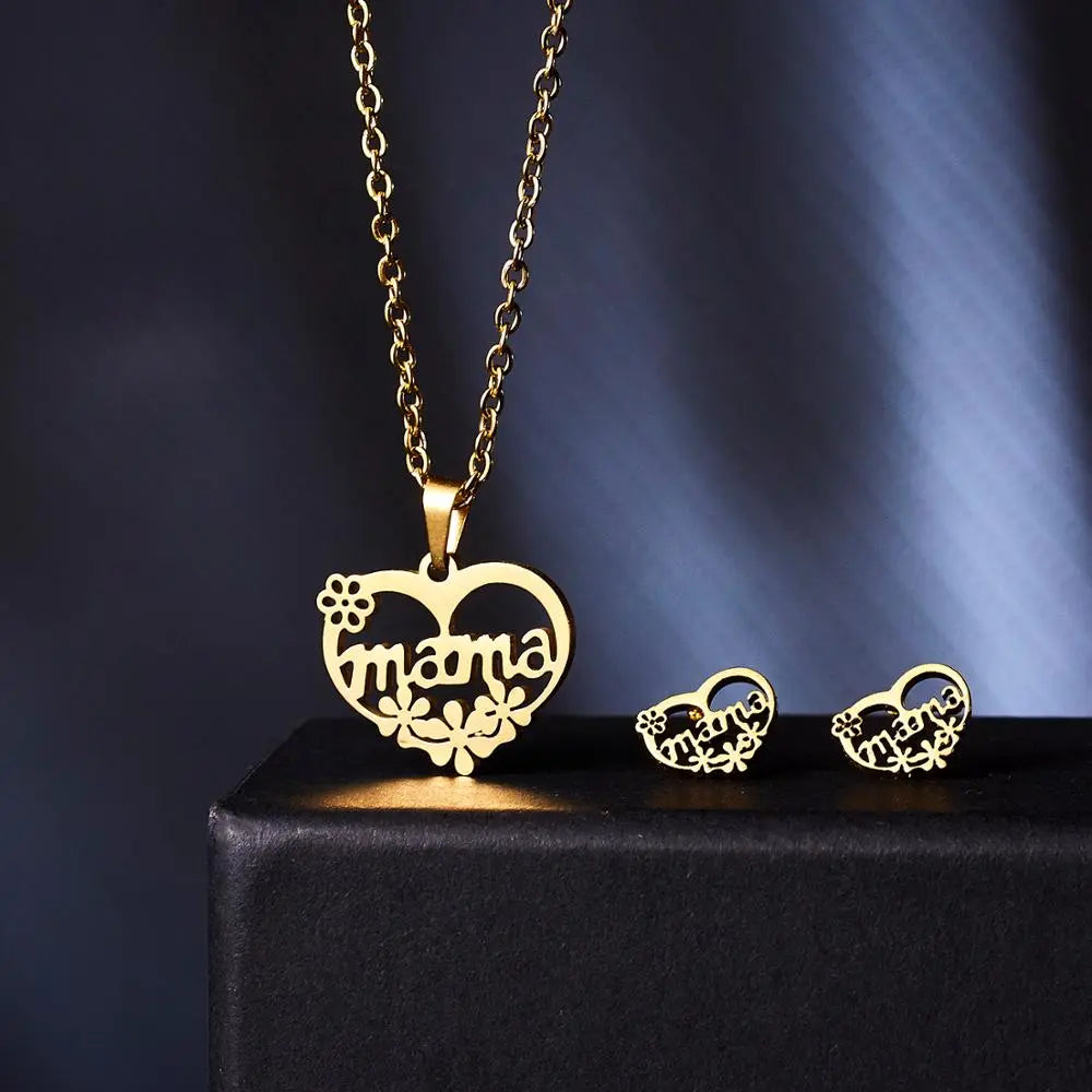 Stainless Steel Mama Love Heart Rose Flower Pendant