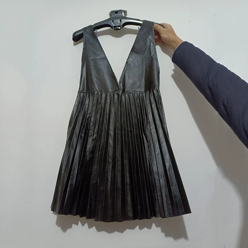 Elegant V Neck Pleated Mini Dress