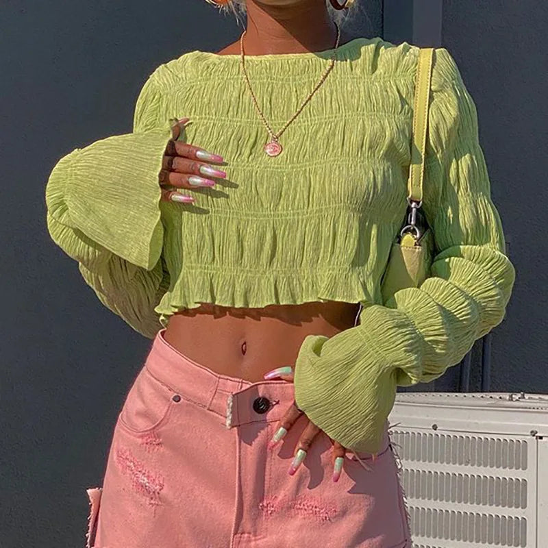 Long-sleeve Belly Button All-match Crop Top