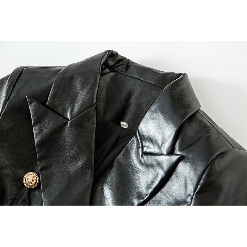 Fatness-Blazer aus PU-Leder mit goldenen Knöpfen