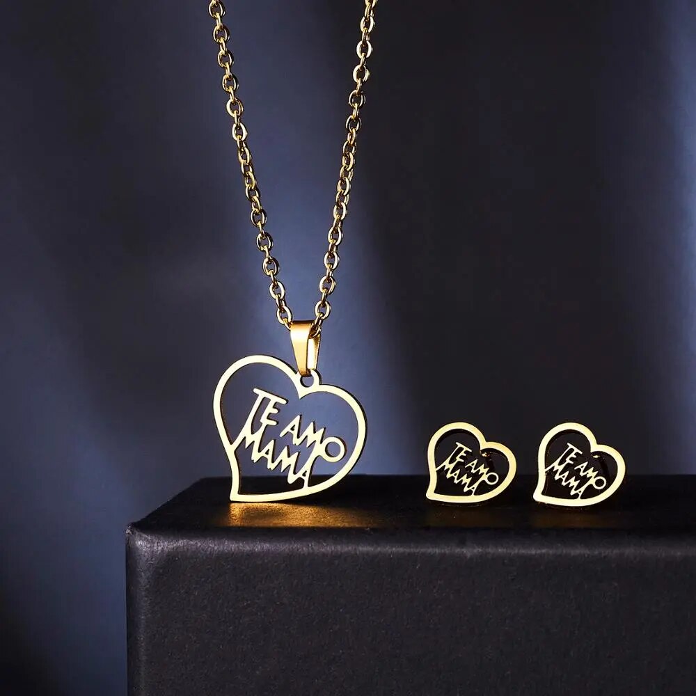 Stainless Steel Mama Love Heart Rose Flower Pendant
