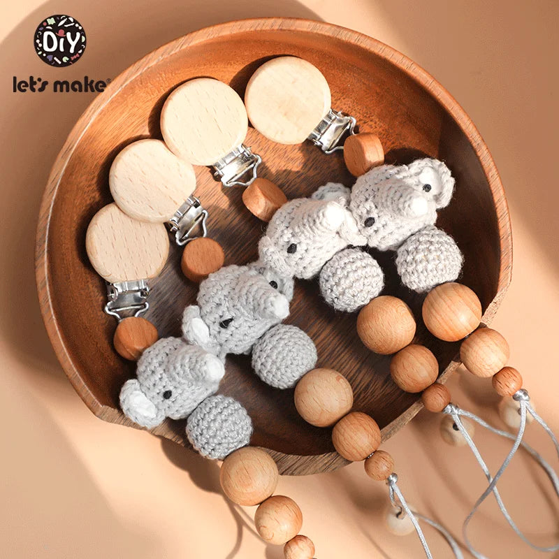 Baby Schnullerkette Elefant Holzclip Geometrische Häkelperlen Tasche Holz Beißring Winzige Stange Schnullerclips Baby Schnullerhalter