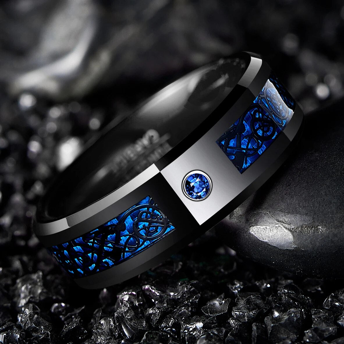 8mm Carbon Fiber  Men Rings  Black Dragon
