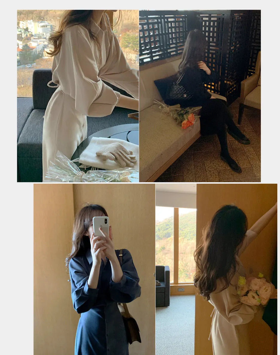 Vestido camisero midi de manga larga Elegante ajustado