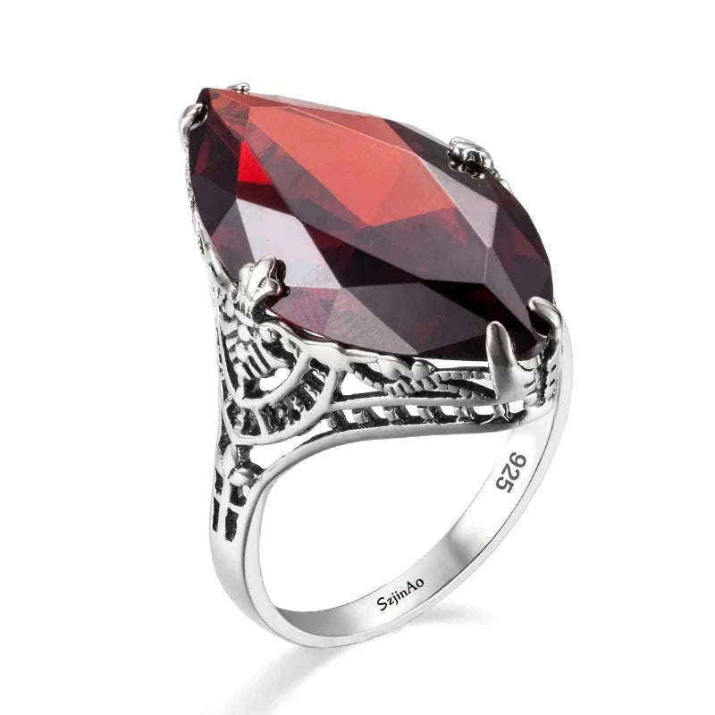 Silberner 14*26mm Granat-Edelstein-Marquise-Ring