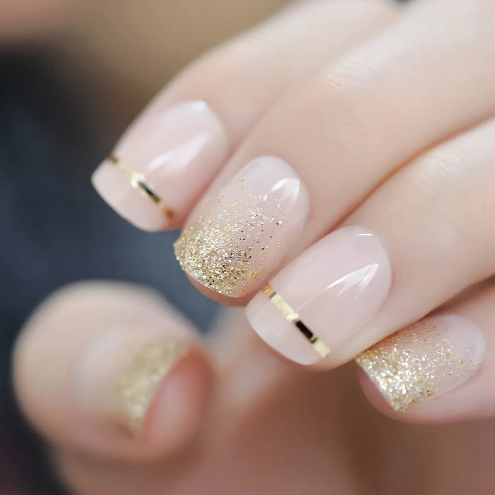 24 piezas uñas postizas cortas con purpurina y cobertura completa