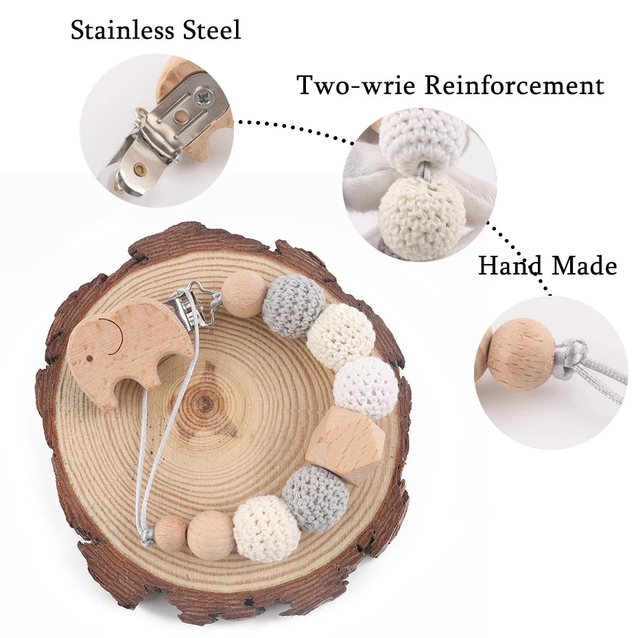Baby Schnullerkette Elefant Holzclip Geometrische Häkelperlen Tasche Holz Beißring Winzige Stange Schnullerclips Baby Schnullerhalter