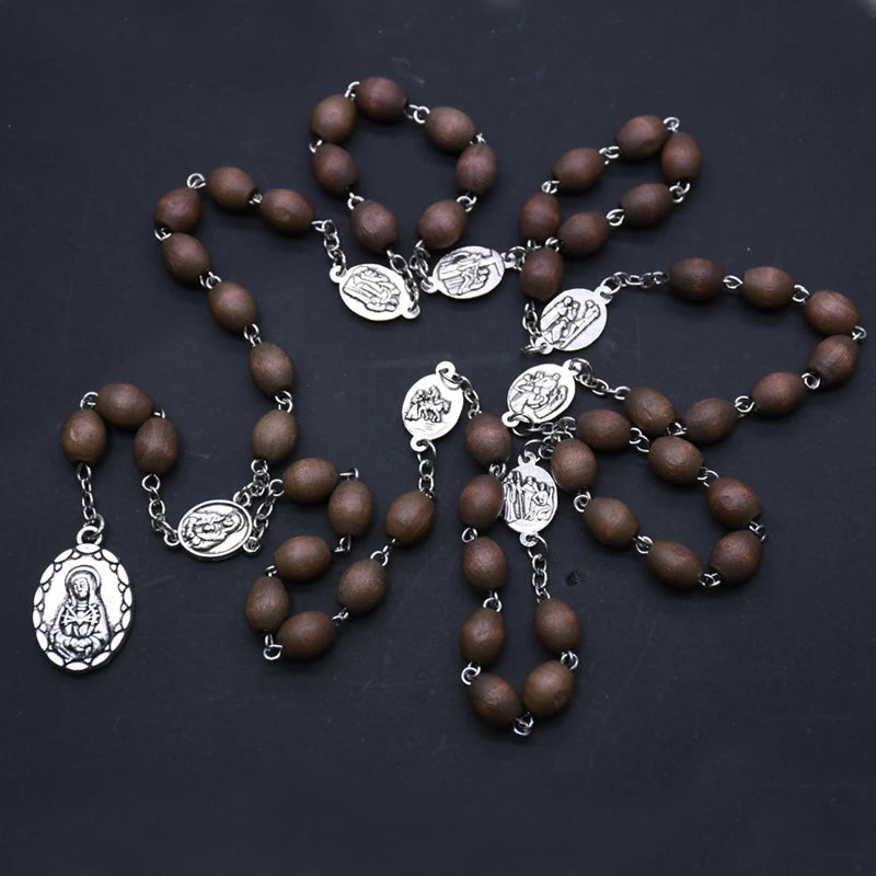 Wood Rosary Necklace Long Catholic