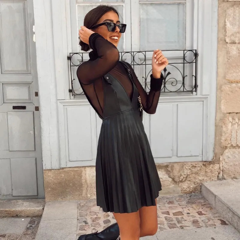 Elegant V Neck Pleated Mini Dress