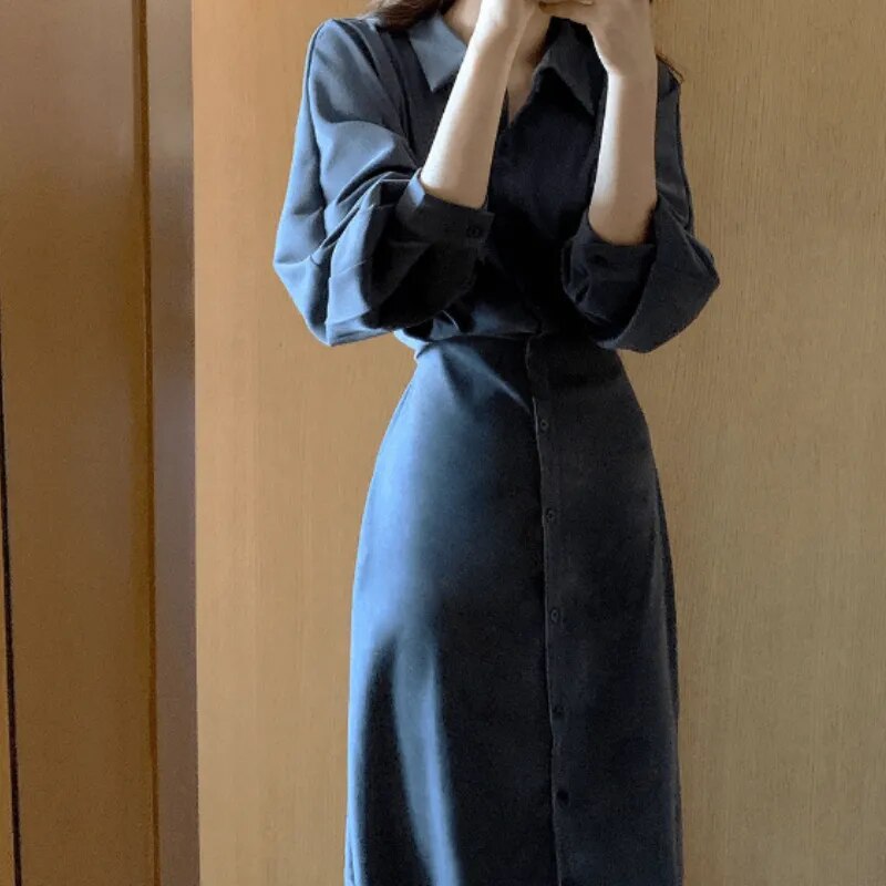 Vestido camisero midi de manga larga Elegante ajustado