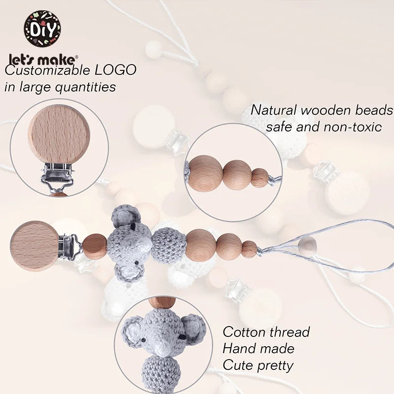 Baby Schnullerkette Elefant Holzclip Geometrische Häkelperlen Tasche Holz Beißring Winzige Stange Schnullerclips Baby Schnullerhalter