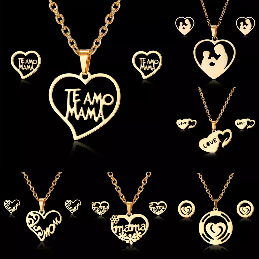 Stainless Steel Mama Love Heart Rose Flower Pendant