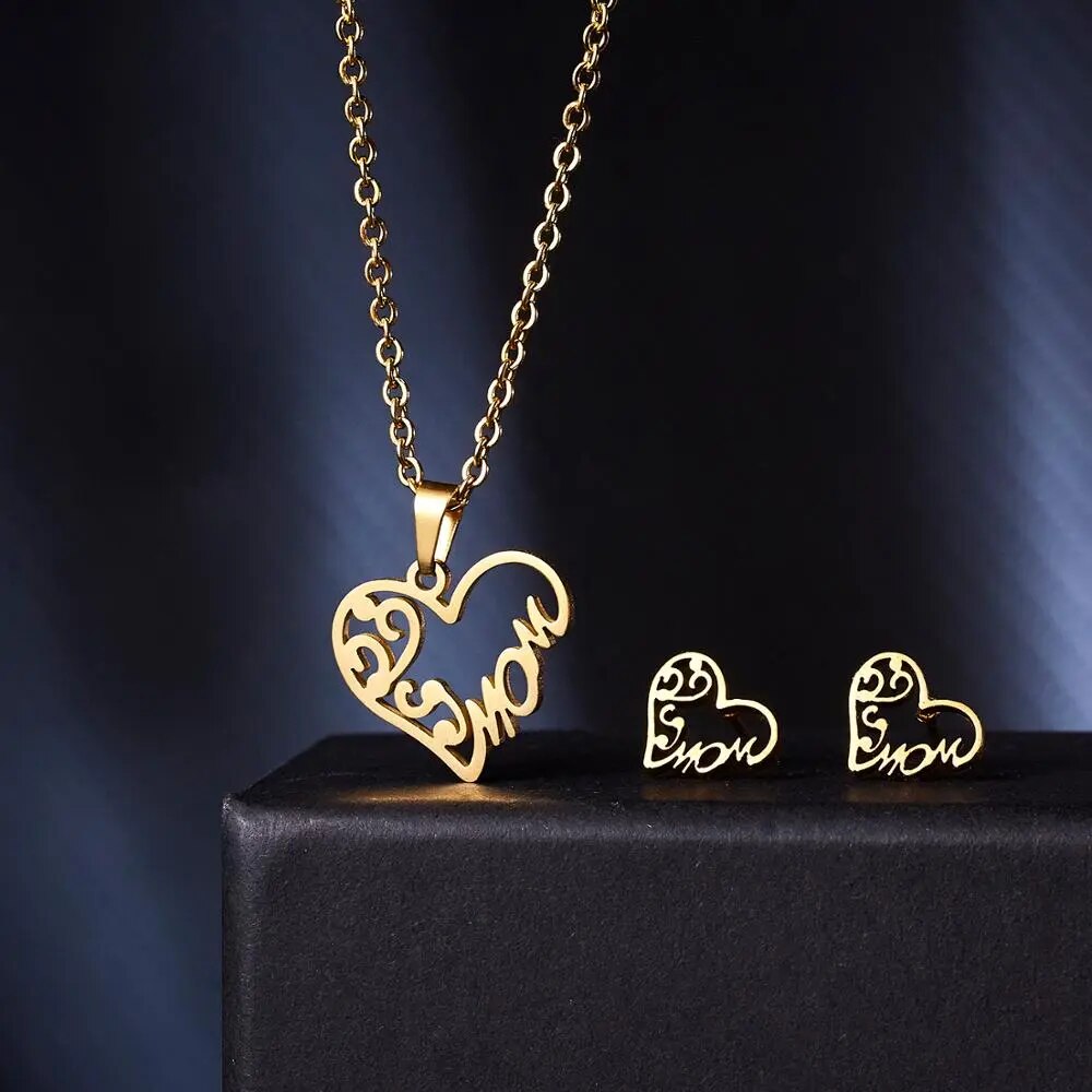 Stainless Steel Mama Love Heart Rose Flower Pendant