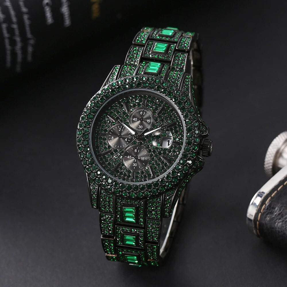 Automatic Date Hip Hop Iced Diamond Waterproof Luxury Quartz Wrist Watch