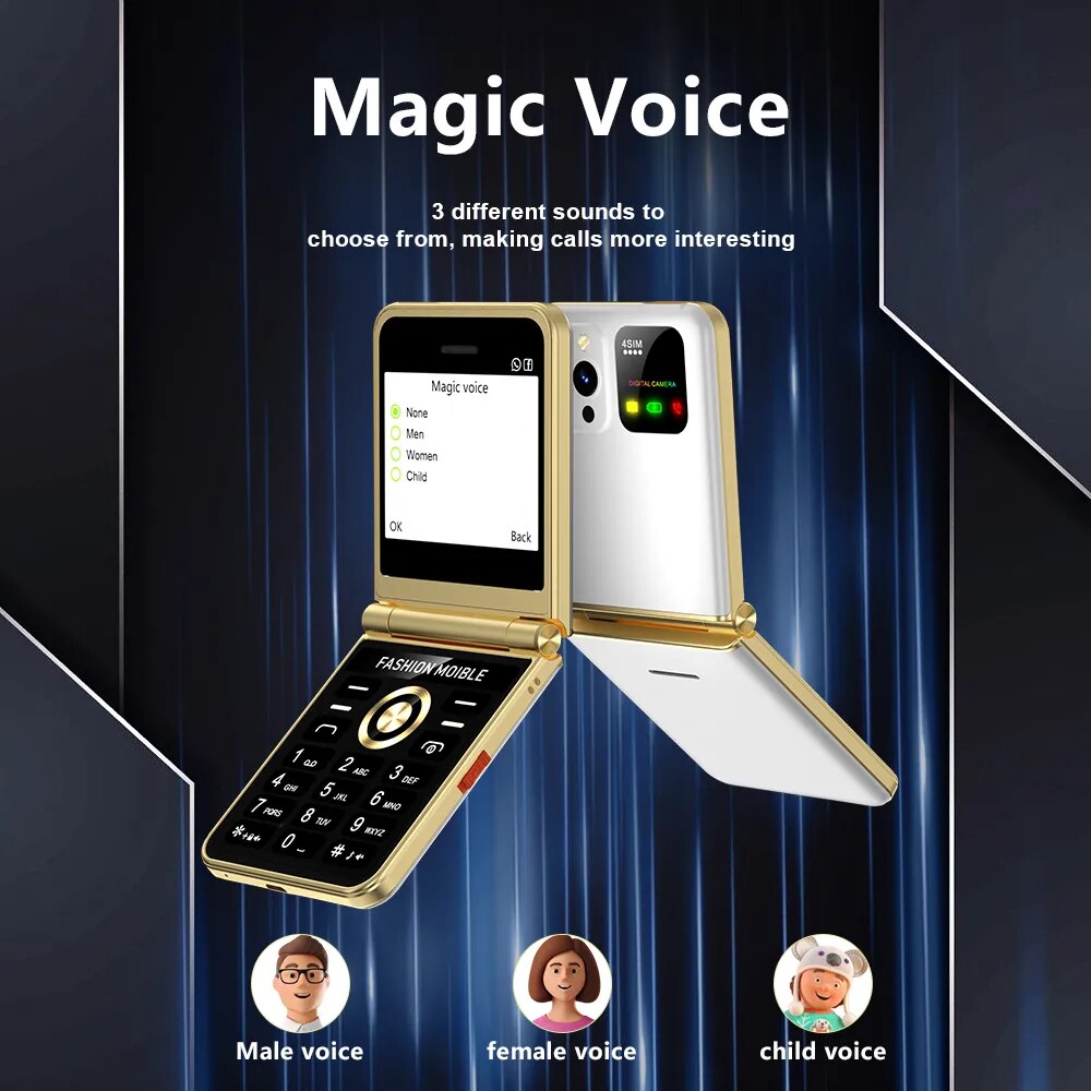 Teléfono compacto con tapa, pantalla de 2,4", 4 SIM, voz mágica y linterna LED