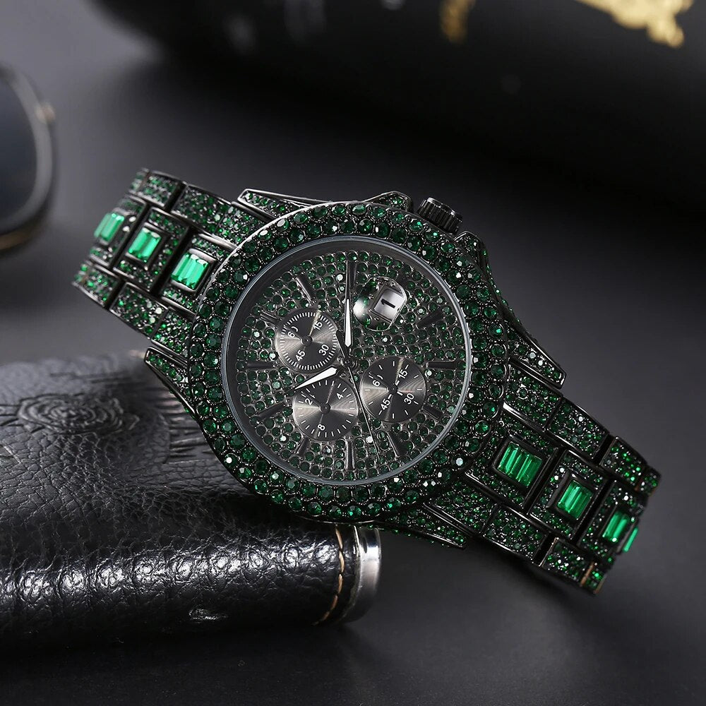 Automatic Date Hip Hop Iced Diamond Waterproof Luxury Quartz Wrist Watch