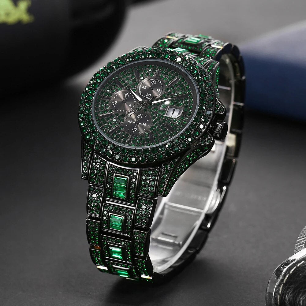 Automatic Date Hip Hop Iced Diamond Waterproof Luxury Quartz Wrist Watch