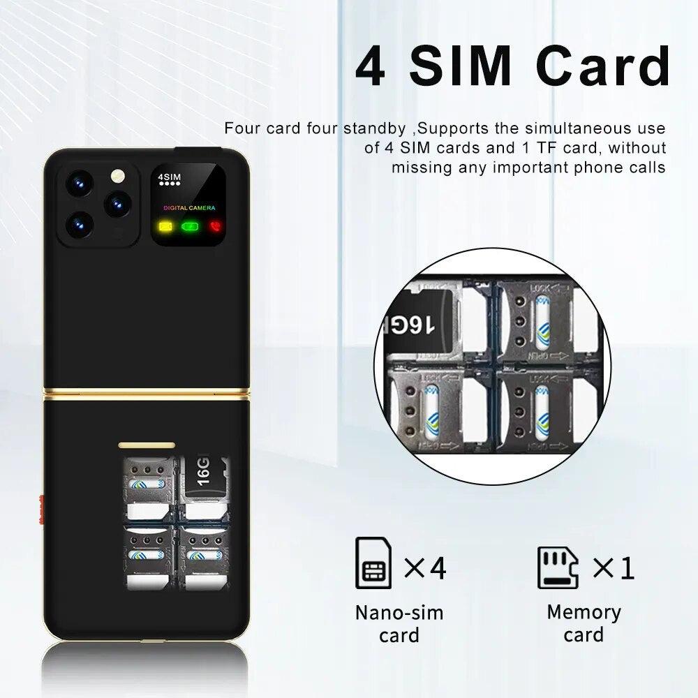 Teléfono compacto con tapa, pantalla de 2,4", 4 SIM, voz mágica y linterna LED