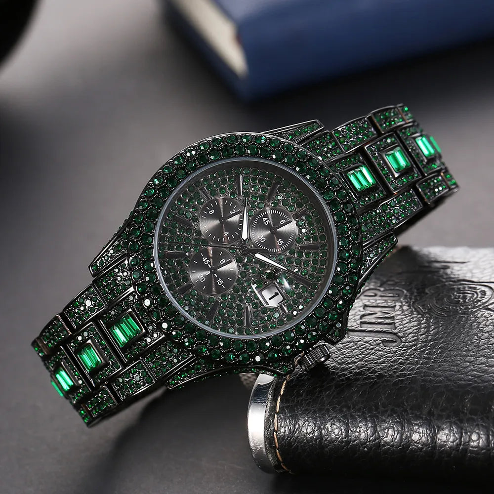 Automatic Date Hip Hop Iced Diamond Waterproof Luxury Quartz Wrist Watch