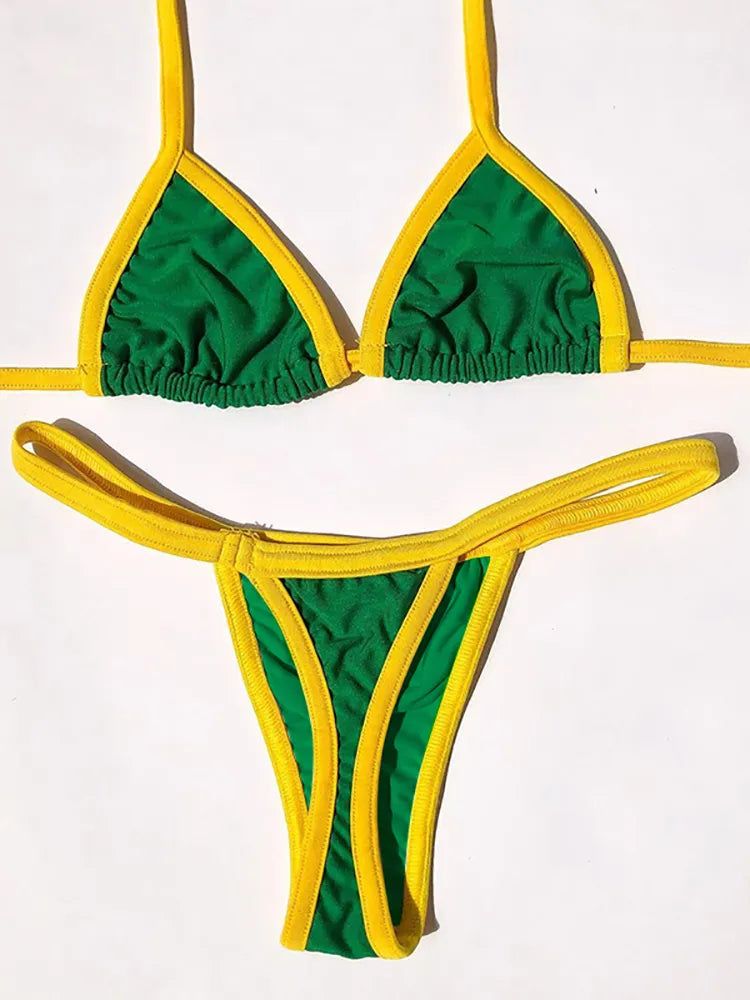 Embroidery Letter Contrast Split Bikini Set