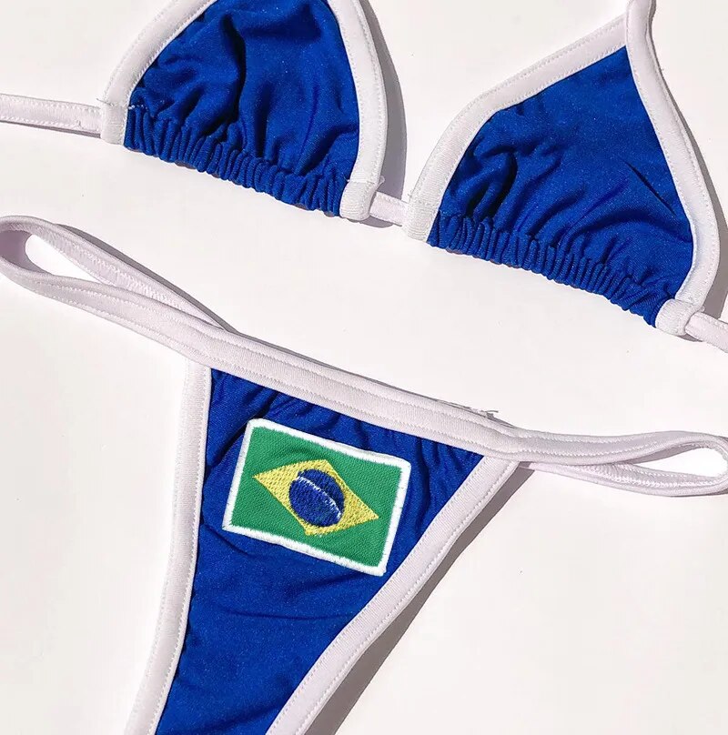 Embroidery Letter Contrast Split Bikini Set