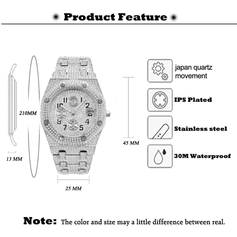 Waterproof Quartz Clock Hip Hop Iced Diamond Jewelry Wrist Watch