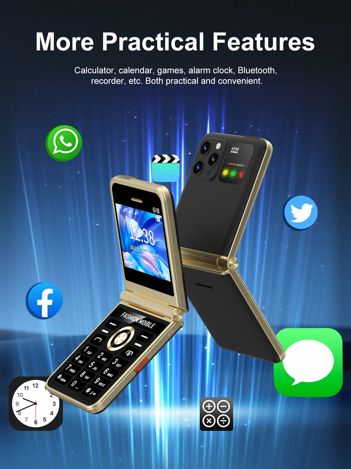 Teléfono compacto con tapa, pantalla de 2,4", 4 SIM, voz mágica y linterna LED