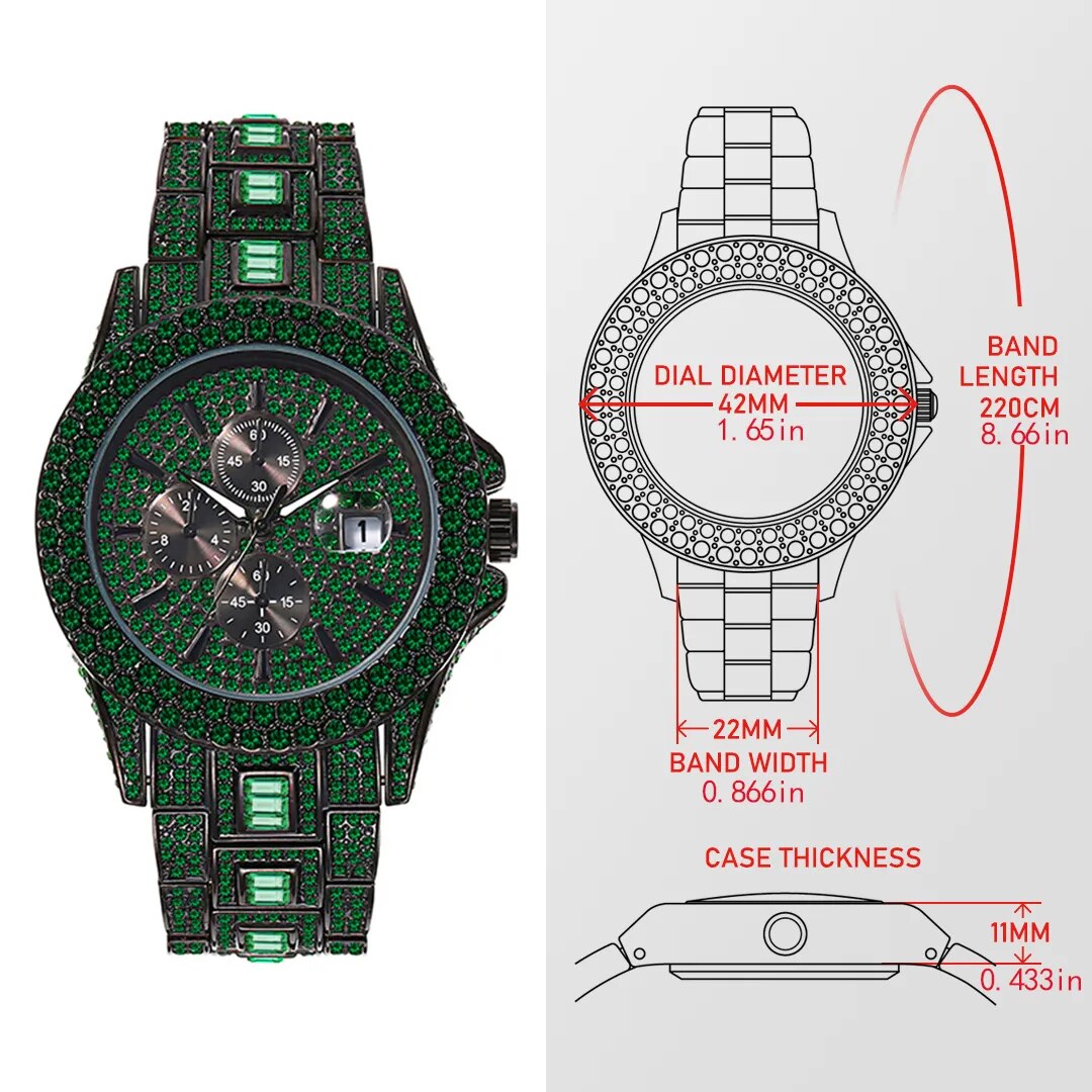 Automatic Date Hip Hop Iced Diamond Waterproof Luxury Quartz Wrist Watch