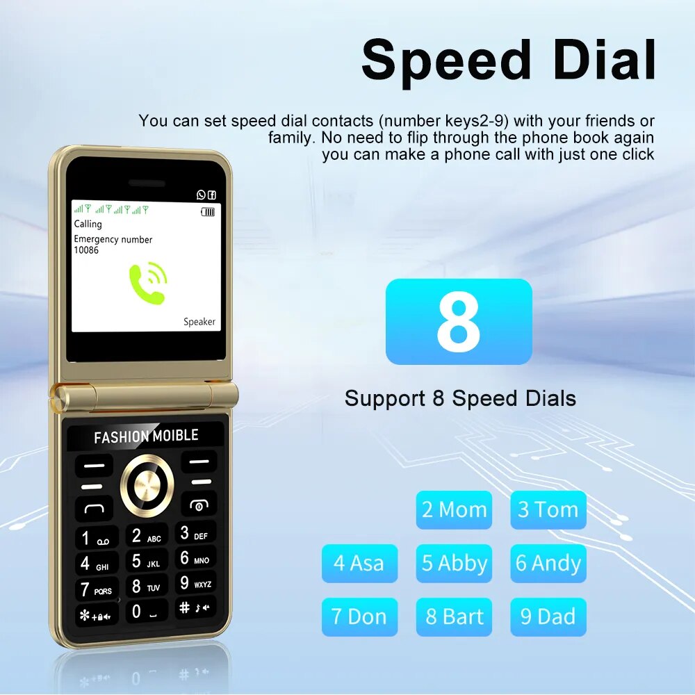Teléfono compacto con tapa, pantalla de 2,4", 4 SIM, voz mágica y linterna LED