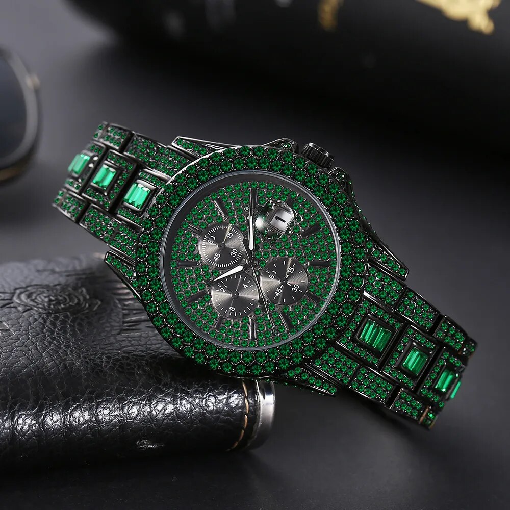 Automatic Date Hip Hop Iced Diamond Waterproof Luxury Quartz Wrist Watch
