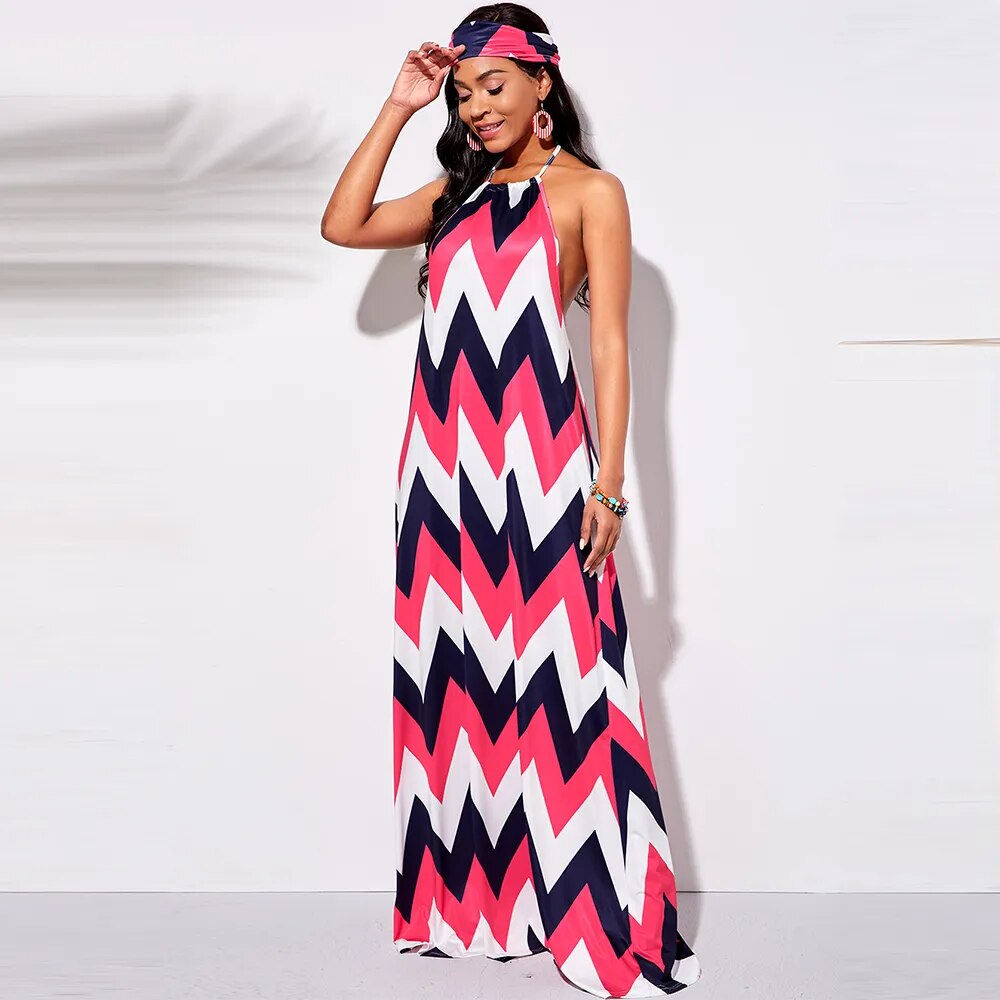 Halter Tie Contrast Geometric Print Dress