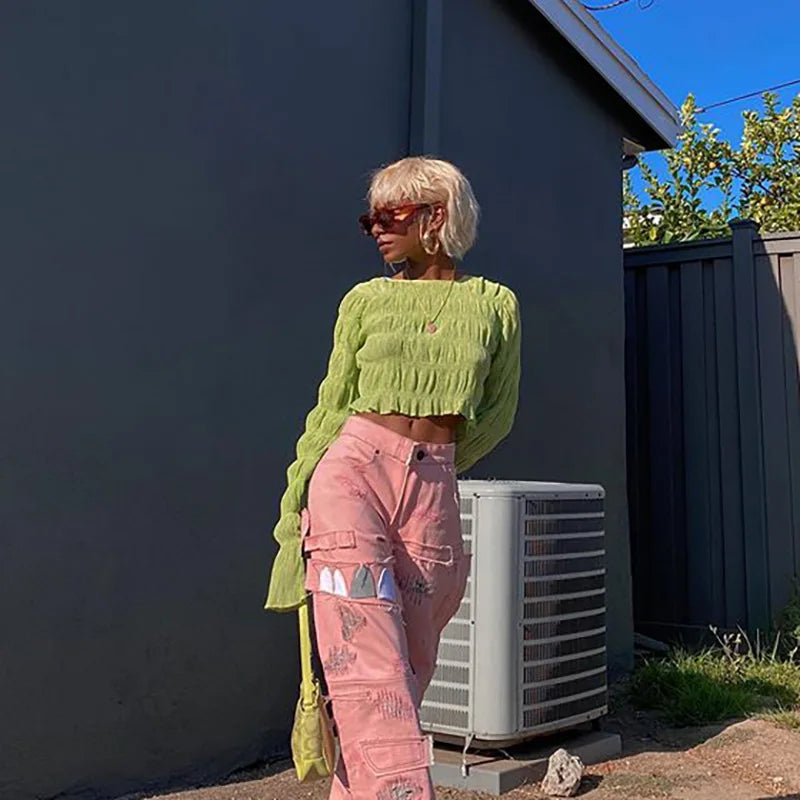 Long-sleeve Belly Button All-match Crop Top