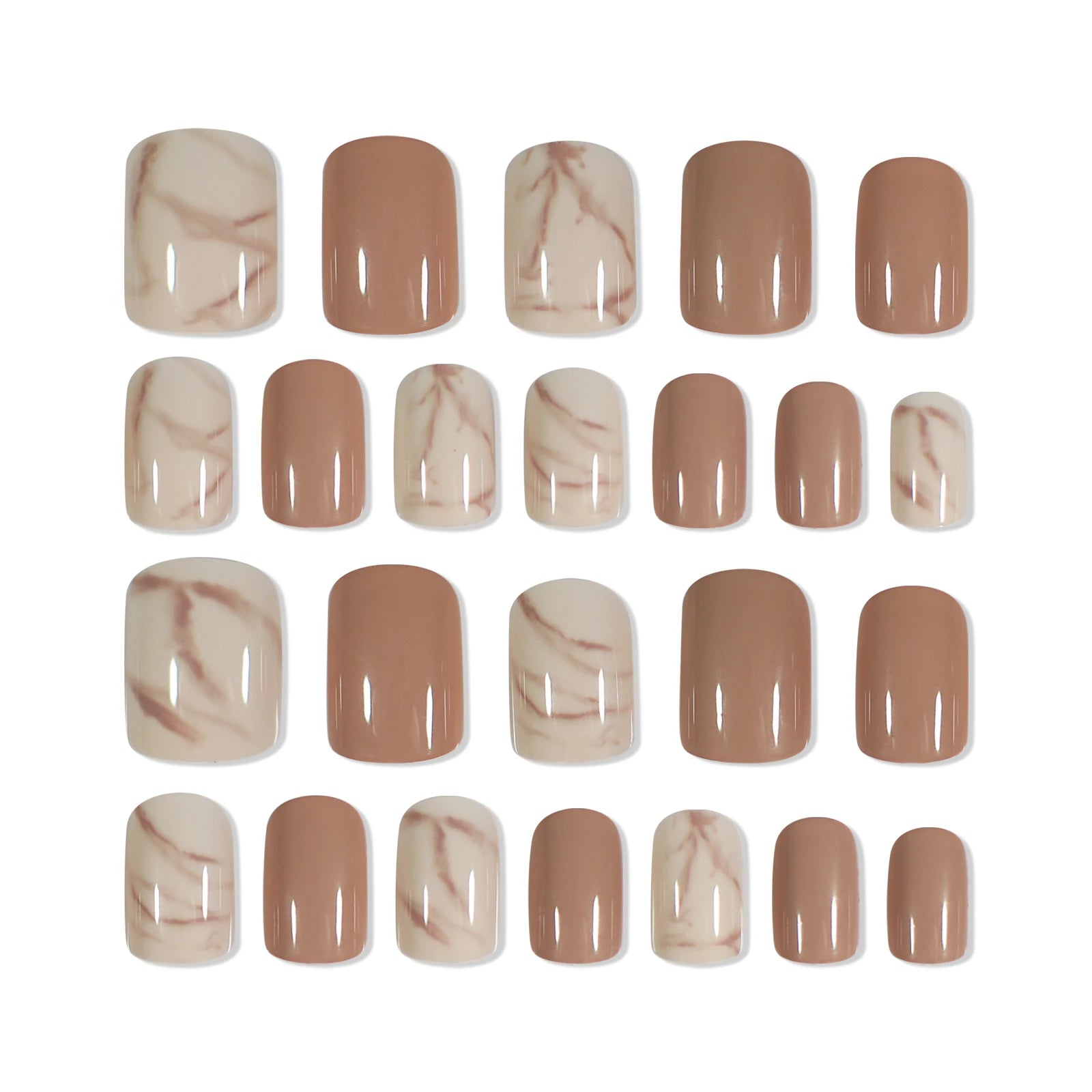 Uñas postizas artificiales de Color nude Natural, puntas cuadradas cortas con patrón brillante y pegatina de pegamento, mármol blanco