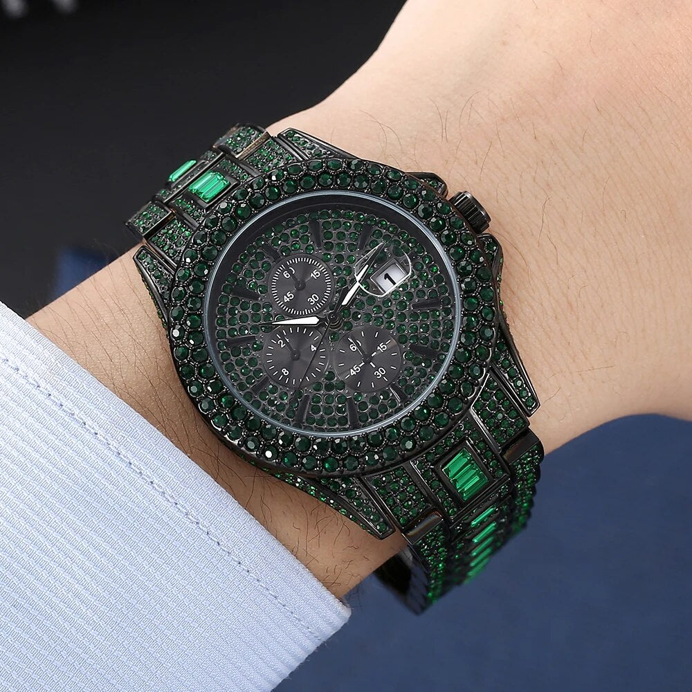 Automatic Date Hip Hop Iced Diamond Waterproof Luxury Quartz Wrist Watch