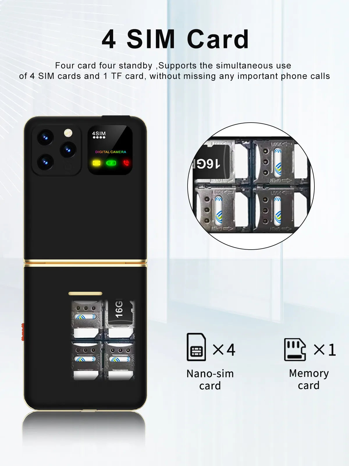 Teléfono compacto con tapa, pantalla de 2,4", 4 SIM, voz mágica y linterna LED