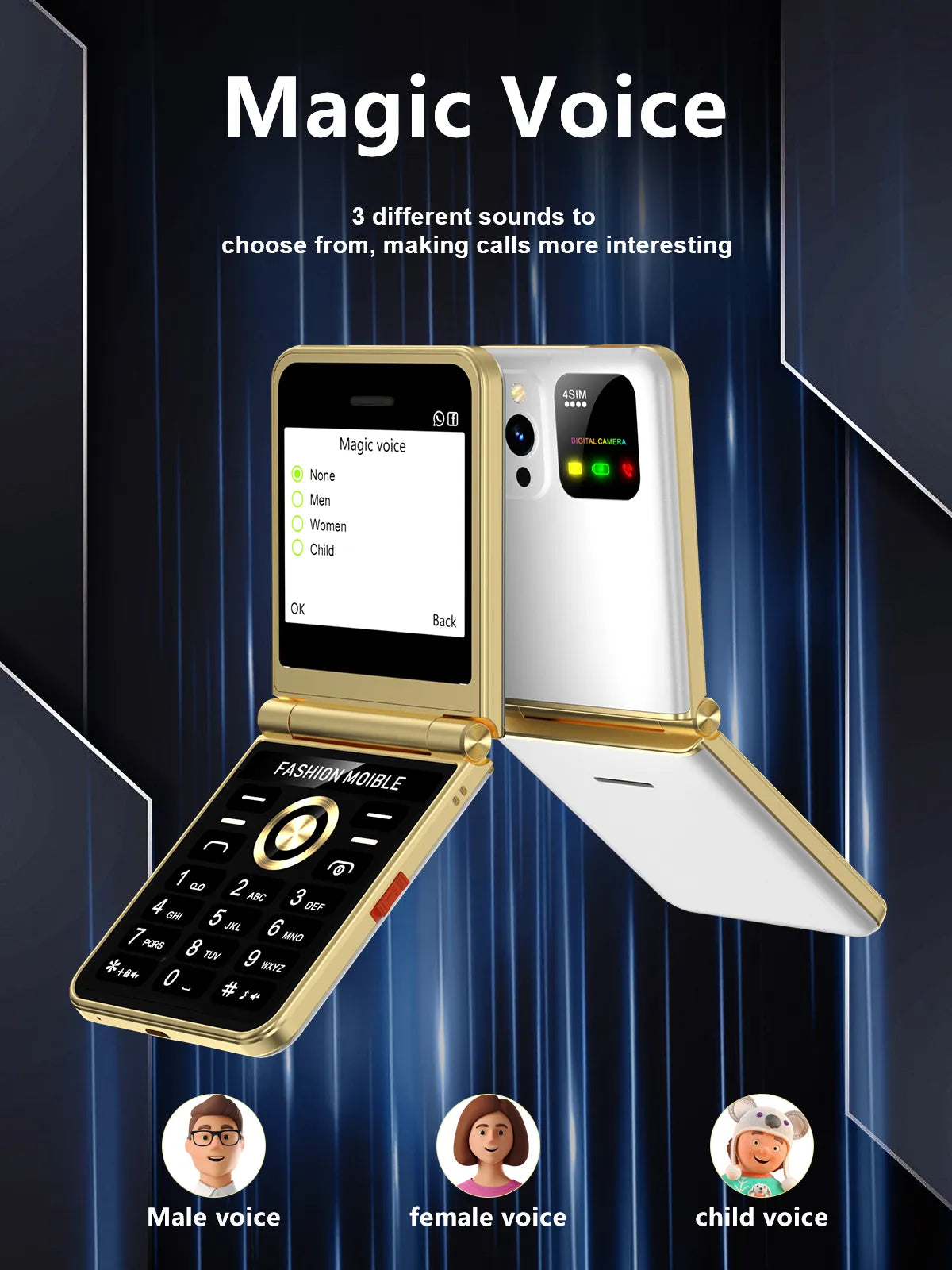 Teléfono compacto con tapa, pantalla de 2,4", 4 SIM, voz mágica y linterna LED