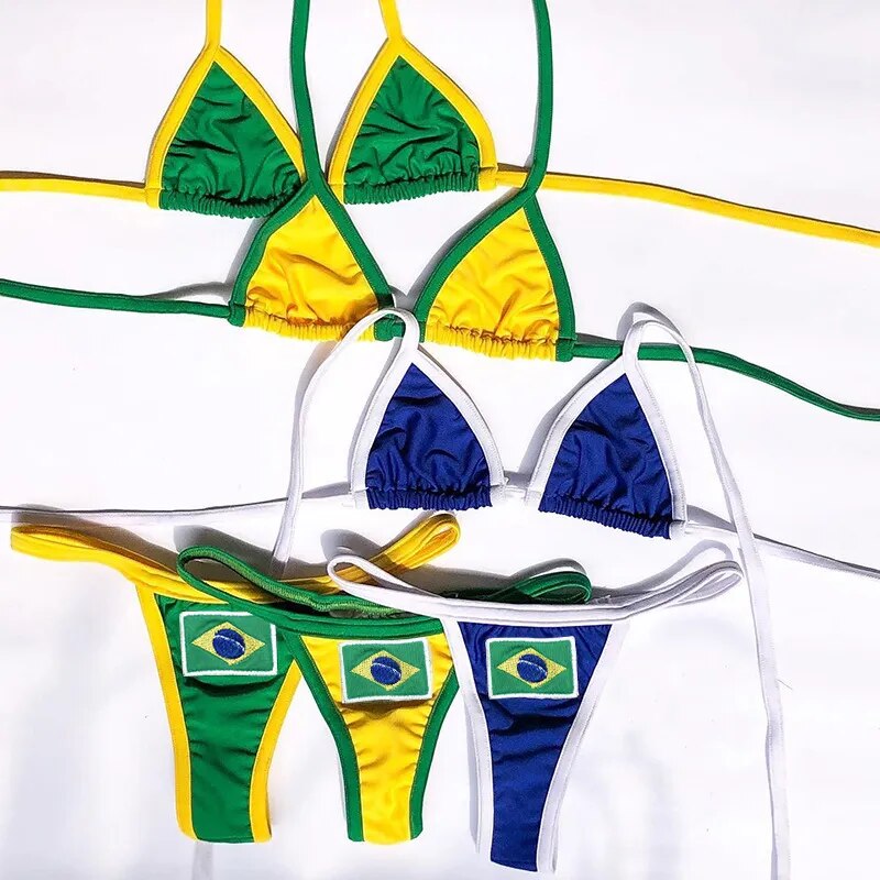 Embroidery Letter Contrast Split Bikini Set
